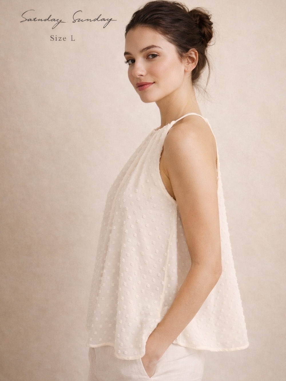 Anthropologie Saturday Sunday Ivory Swiss Dot Halter Top Flowy Sleeveless Size L